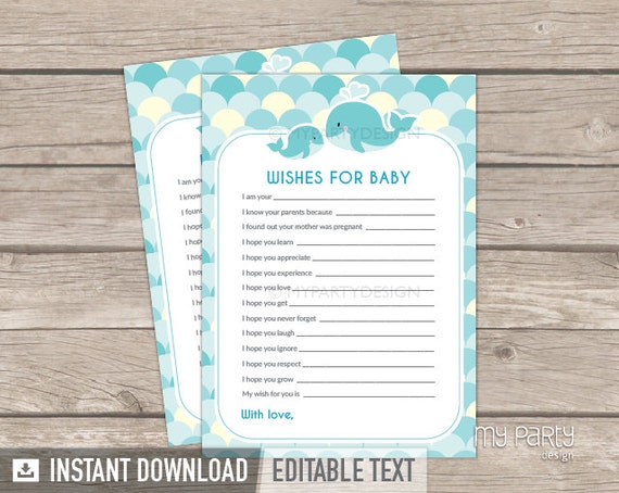Wishes for Baby Cards, Whale Baby Shower Game, Boy Turquoise Teal, Whale Party Decor - INSTANT DOWNLOAD - Printable PDF with Editable Text Il_570xn