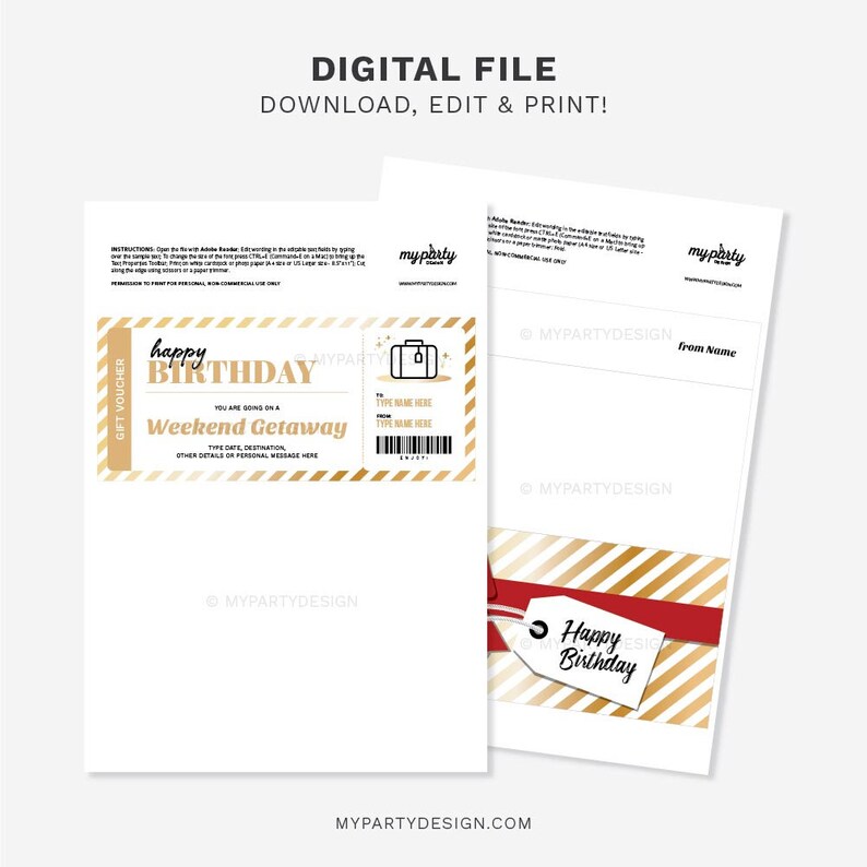 May include: Printable gold and white birthday gift voucher with the text "Happy Birthday Weekend Getaway". The voucher has a suitcase icon and a barcode.
