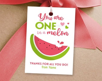 One in a Melon Gift Tag, Watermelon Thank You Label, School Staff Teacher Appreciation Week - INSTANT DOWNLOAD - Printable Editable PDF