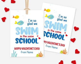 School Valentine's Day Tag, Kids Fish Valentine Cards for Classroom, Gold fish Class Gift Label - INSTANT DOWNLOAD - Printable Editable PDF