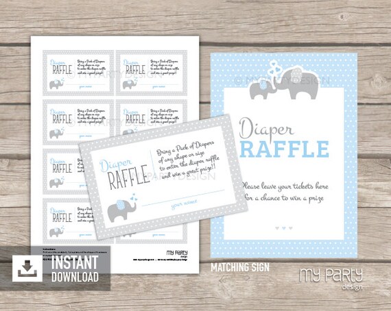 Diaper Raffle Tickets and Sign - Elephant Baby Shower Game - Boy Blue - INSTANT DOWNLOAD - Printable PDF Il_570xn