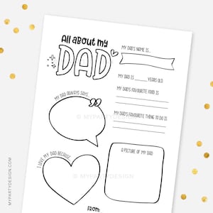 All about my Dad Father&#39;s Day Gift, Fill in the Blank Questionnaire Activity, Coloring Page for Kids - INSTANT DOWNLOAD - Printable PDF