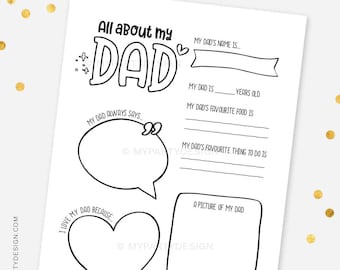 All about my Dad Father's Day Gift, Fill in the Blank Questionnaire Activity, Coloring Page for Kids - INSTANT DOWNLOAD - Printable PDF