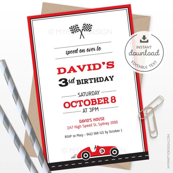 Race Car Birthday Invitation, Racing Party Invite, Car Party for boys - INSTANT DOWNLOAD - Printable PDF with Editable Text Il_570xn