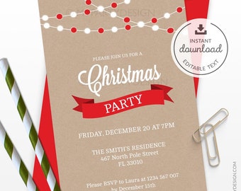 May include: A Christmas party invitation with a kraft paper background, red accents, and string lights design. The invitation includes the text "Christmas Party" in a decorative font, along with event details and RSVP information. Includes a download icon.