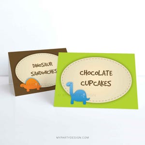 Dinosaur Food Labels, Dinosaur Party Place cards, Dino Birthday Tent Labels - INSTANT DOWNLOAD - Printable PDF with Editable Text