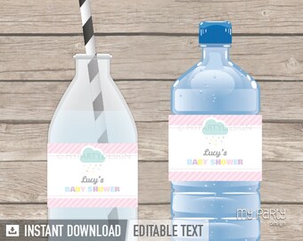 Cloud Baby Shower Bottle Labels, Baby Sprinkle, Gender Neutral - INSTANT DOWNLOAD - Printable PDF with Editable Text