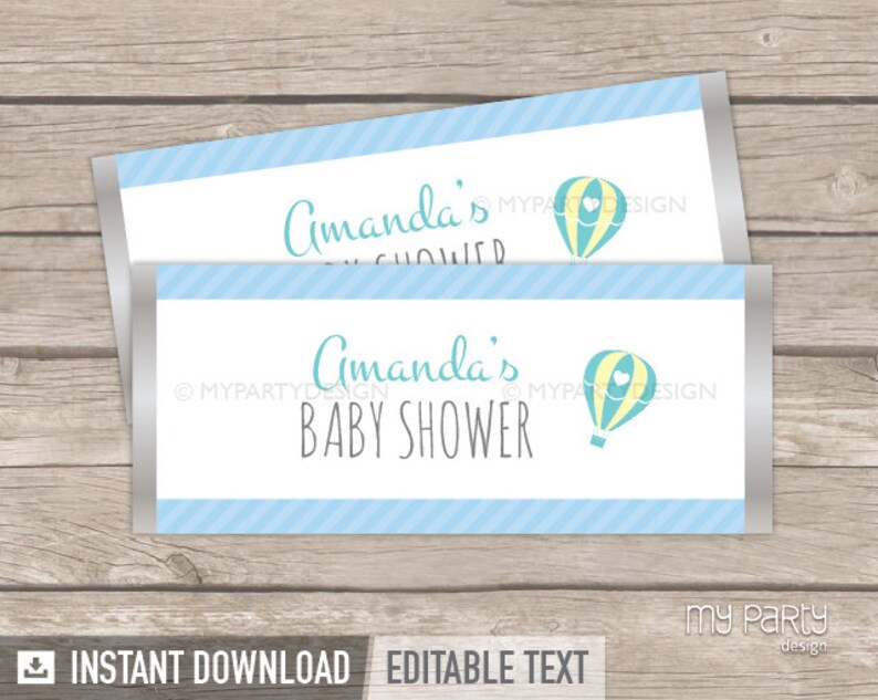 Hot Air Balloon Boy Baby Shower, Blue Chocolate Wrappers for boy INSTANT DOWNLOAD Printable PDF with Editable Text image 1