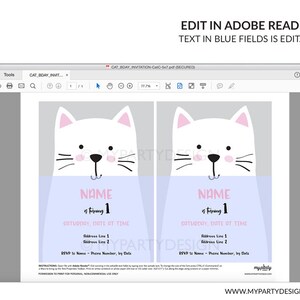 以下が含まれることがあります： 猫をテーマにした誕生日パーティーの編集可能な印刷可能な招待状。招待状には、ピンクの耳と青い背景を持つかわいい漫画の猫が描かれています。テキスト「NAME is turning 1」はピンクで、「SATURDAY, DATE AT TIME」は青です。招待状には、住所、RSVP情報、ウェブサイトのアドレスを入れるスペースもあります。