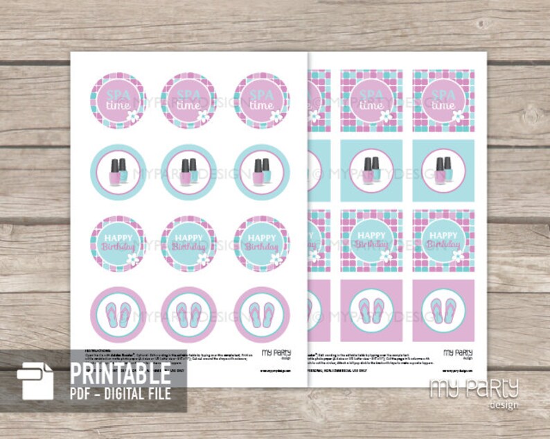 Spa Cupcake Toppers, Spa Party Printables, Spa Birthday Decorations INSTANT DOWNLOAD Printable PDF with Editable Text image 3