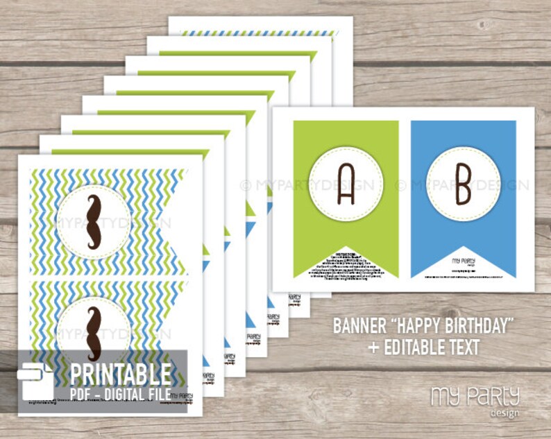 Little Man Birthday Banner, Happy Birthday Bunting, Mustache Party Decorations, Boy INSTANT DOWNLOAD Printable PDF with Editable Text image 3