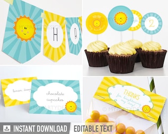 You are my Sunshine Party Pack, Sunshine First Birthday Decorations Kit - INSTANT DOWNLOAD - Printable PDF with Editable Text