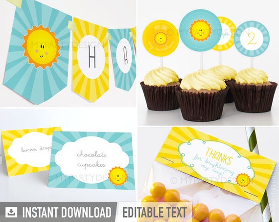 You are my Sunshine Party Pack - Yellow and Turquoise - Printable PDF with Editable Text Il_570xn