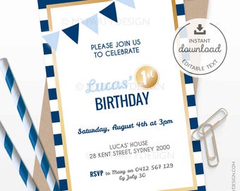 Boy Birthday Invitation, Gold Navy Stripes Party Invite, 1st Birthday or Milestone - INSTANT DOWNLOAD - Printable PDF with Editable Text