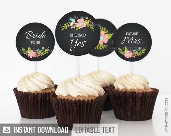 Chalkboard Floral Bridal Shower - Cupcake Toppers - Party Circles - INSTANT DOWNLOAD - Printable PDF with Editable Text Il_570xn