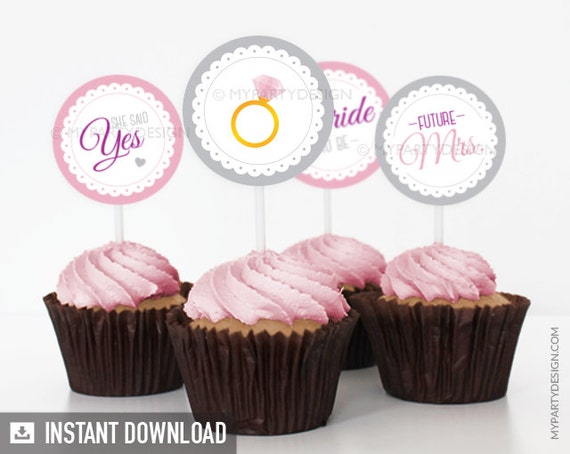 Bridal Shower - Cupcake Toppers - Party Circles - Engagement - Scalloped Theme Pink - INSTANT DOWNLOAD - Printable PDF Il_570xn