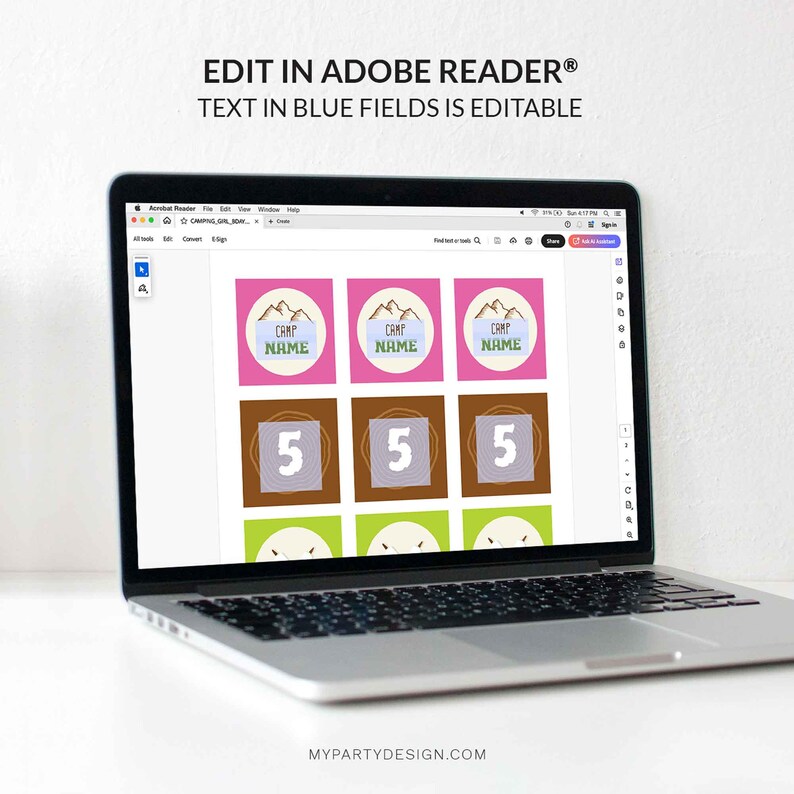 May include: A laptop displays a digital design with editable fields. The design features pink, brown, and green squares with mountain graphics and the text "CAMP NAME" and the number "5". The text "EDIT IN ADOBE READER&reg; TEXT IN BLUE FIELDS IS EDITABLE" is at the top.