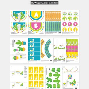Pu&ograve; includere: Decorazioni per feste di lama stampabili in uno schema di colori vivaci con illustrazioni di cactus e lama. Il set include striscioni, topper per cupcake, etichette per bomboniere e un cartello "prendine uno".