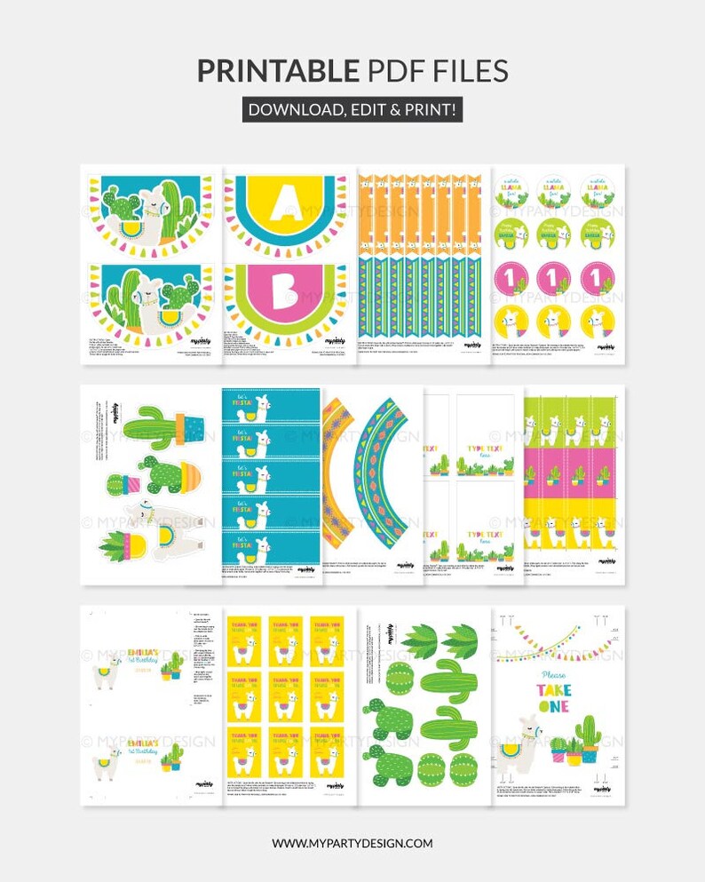 Pu&ograve; includere: Decorazioni per feste di lama stampabili in uno schema di colori vivaci con illustrazioni di cactus e lama. Il set include striscioni, topper per cupcake, etichette per bomboniere e un cartello "prendine uno".