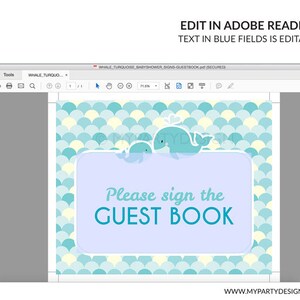 Guest book Sign, Whale Baby Shower Sign, Boy Turquoise, Whale Party INSTANT DOWNLOAD Printable PDF with Editable Text image 4