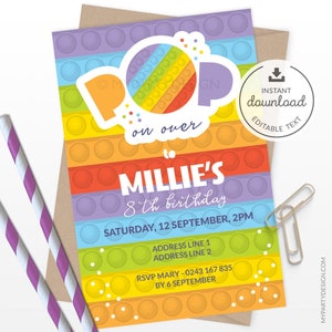 May include: A colourful pop it birthday invitation with the text "Pop on over to Millie's 8th birthday" and details for the party, including the date, time, address, and RSVP information.