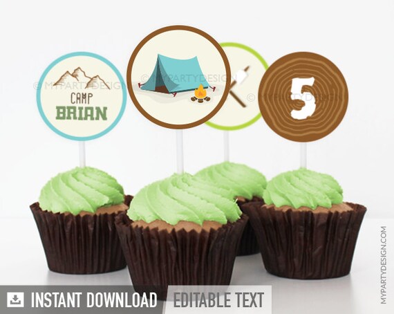 Camping Party - Cupcake Toppers - Boy Campout Sleepover - Glamping - INSTANT DOWNLOAD - Printable PDF with Editable Text Il_570xn