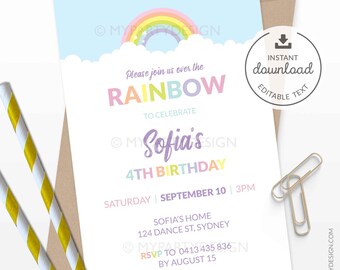 Rainbow Birthday Invitation, Pastel Blue Rainbow Party Invite - INSTANT DOWNLOAD - Printable PDF with Editable Text