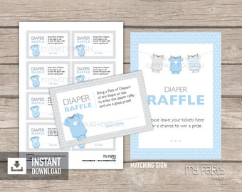 Diaper Raffle Tickets and Sign, Blue Baby Shower, bodysuit theme, Boy BabyShower - INSTANT DOWNLOAD - Printable PDF