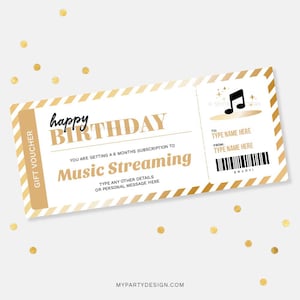 Musik-Streaming-Geschenkgutscheinvorlage, Geburtstagsgeschenkkarte, Zertifikat für Überraschungsauftrittskarte - SOFORTIGER DOWNLOAD - Druckbare bearbeitbare PDF-Datei