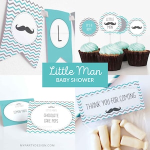 Puede incluir: Un conjunto de decoraciones para baby shower con el tema "Little Man". Incluye una pancarta, adornos para cupcakes y etiquetas con un gr&aacute;fico de bigote en color turquesa, gris y blanco. Tambi&eacute;n est&aacute; presente el texto "Little Man Baby Shower".
