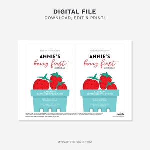 Pu&ograve; includere: Un invito stampabile per una festa di primo compleanno a tema bacche. L'invito presenta un'illustrazione rossa e verde di fragole in un cestino di bacche blu e bianco. Il testo dell'invito recita "Annie's Berry First Birthday" e include la data, l'ora e il luogo della festa.