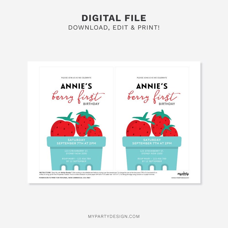 Pu&ograve; includere: Un invito stampabile per una festa di primo compleanno a tema bacche. L'invito presenta un'illustrazione rossa e verde di fragole in un cestino di bacche blu e bianco. Il testo dell'invito recita "Annie's Berry First Birthday" e include la data, l'ora e il luogo della festa.