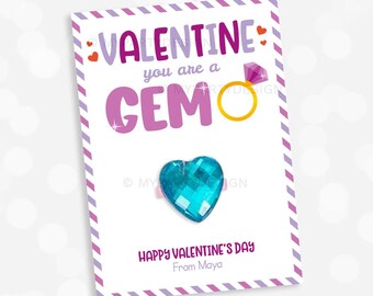 Toy Ring Valentine's Day Card, Kids Valentine Tags for Classroom, You are a Gem Gift Label - INSTANT DOWNLOAD - Printable Editable PDF