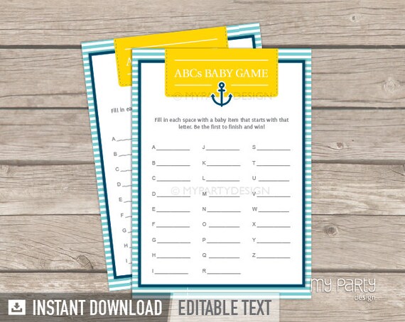 Abc Game - Baby Name Game - Nautical Baby Shower Game - Turquoise Yellow and Blue - INSTANT DOWNLOAD - Printable PDF with Editable Text Il_570xn