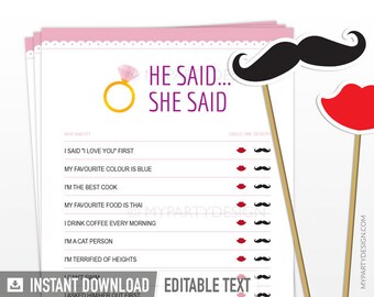 He Said She Said Game, Bridal Shower Guess Who Said it Card, Bride or Groom, Pink - INSTANT DOWNLOAD - Printable PDF with Editable Text