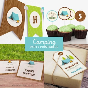 May include: A collection of camping-themed party printables. Includes banners, cupcake toppers, food labels, and gift tags. Designs feature a blue tent, campfire, and the text "Camping Party Printables."