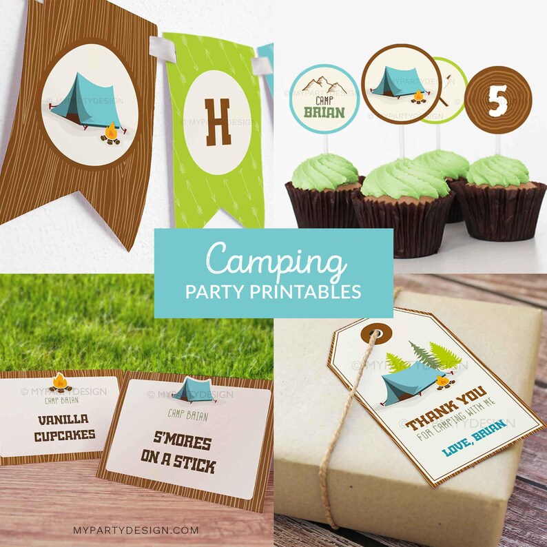 May include: A collection of camping-themed party printables. Includes banners, cupcake toppers, food labels, and gift tags. Designs feature a blue tent, campfire, and the text "Camping Party Printables."