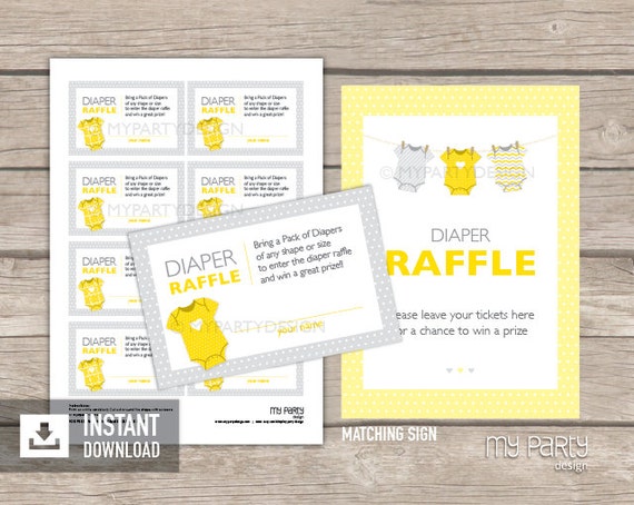 Diaper Raffle Tickets and Sign - Yellow Baby Shower, bodysuit theme - Neutral - INSTANT DOWNLOAD - Printable PDF Il_570xn
