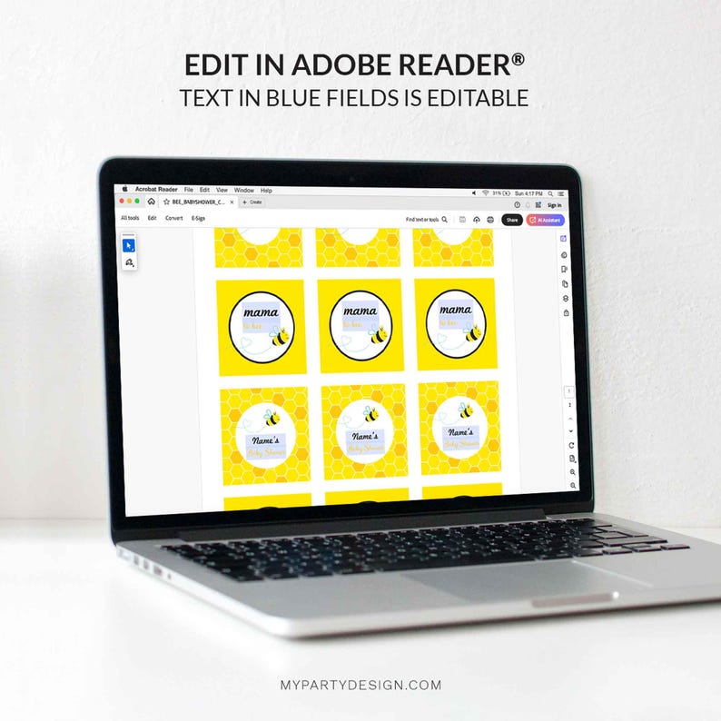 Puede incluir: Un port&aacute;til muestra un dise&ntilde;o digital con cuadrados amarillos y blancos. Cada cuadrado presenta la palabra "mama" o "Name's" con una ilustraci&oacute;n de abeja. El texto "EDIT IN ADOBE READER&reg; TEXT IN BLUE FIELDS IS EDITABLE" est&aacute; en la parte superior. El sitio web MYPARTYDESIGN.COM est&aacute; en la parte inferior.