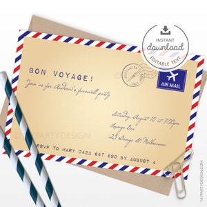 Reisepartyeinladung, Abschiedsparty-Einladungsvorlage, Vintage Rot Blau Going Away Postkarte - INSTANT DOWNLOAD - Printable editable PDF