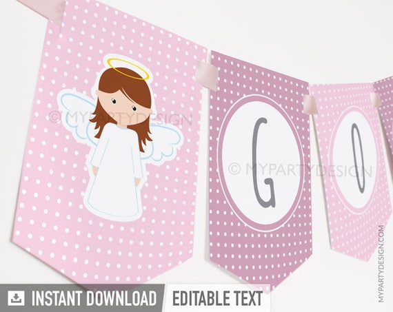 Baptism Banner - Pink Angel Baptism Party - Christening - First Communion - INSTANT DOWNLOAD - Printable PDF with Editable Text Il_570xn