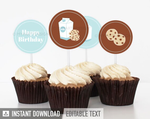 Cookies and Milk Cupcake Toppers, Milk and Cookies Party Decorations, Brown and Blue - INSTANT DOWNLOAD - Printable PDF with Editable Text Il_570xn