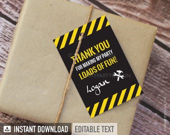 Construction Favor Tags, Thank You Tags, Truck Party, Boy Birthday Party, Black - INSTANT DOWNLOAD - Printable PDF with Editable Text