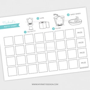 May include: A white potty chart with the text "Michael's POTTY CHART" in a teal banner. The chart includes numbered steps: go potty, wipe, flush, and wash hands, with corresponding illustrations. There are blank squares for tracking and spaces for prizes.
