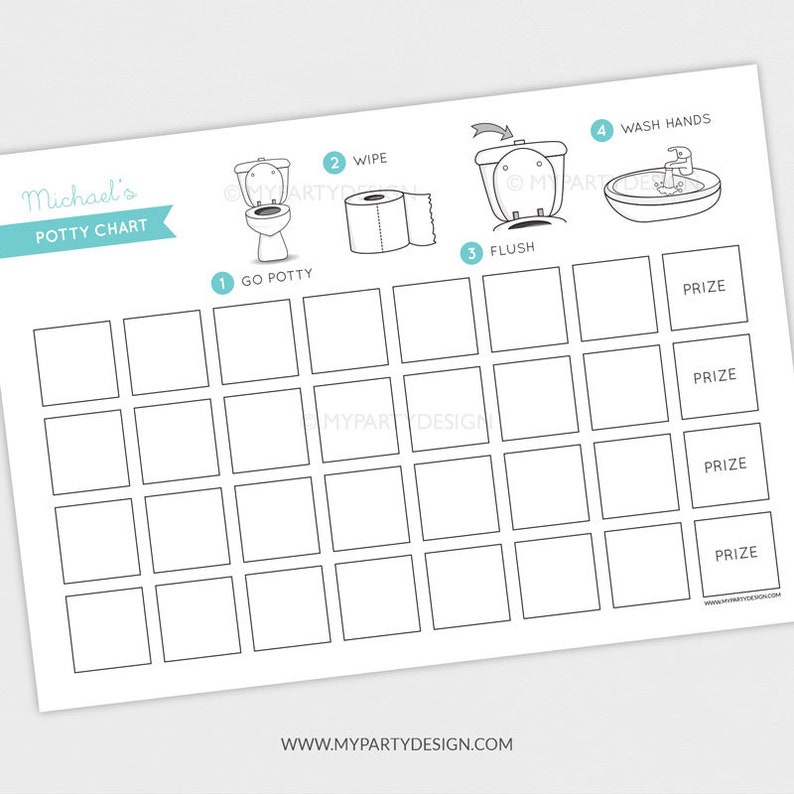 May include: A white potty chart with the text "Michael's POTTY CHART" in a teal banner. The chart includes numbered steps: go potty, wipe, flush, and wash hands, with corresponding illustrations. There are blank squares for tracking and spaces for prizes.