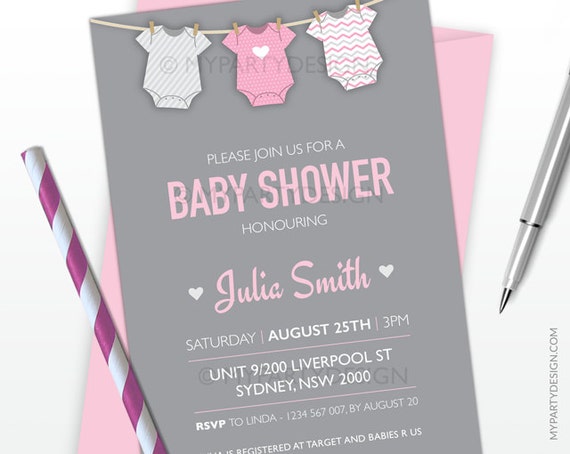 Baby Shower Invitation - Pink bodysuit theme - Girl Baby Shower- PRINTABLE JPEG or PDF file Il_570xn