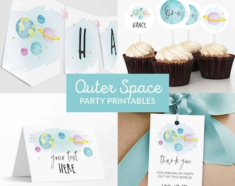 First Trip around the Sun Birthday Decorations, Space Party Pack, Outer Space Decor Kit - INSTANT DOWNLOAD - Printable Editable PDF