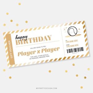 Modelo de vale-presente para tênis, cartão de aniversário com ingresso para jogo esportivo, vale-presente surpresa - DOWNLOAD INSTANTÂNEO - PDF editável para impressão
