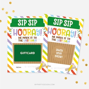 Vale de regalo Sip Sip Hooray para profesores o personal de apoyo con el último día de clases: taza de café - DESCARGA INSTANTÁNEA - PDF imprimible