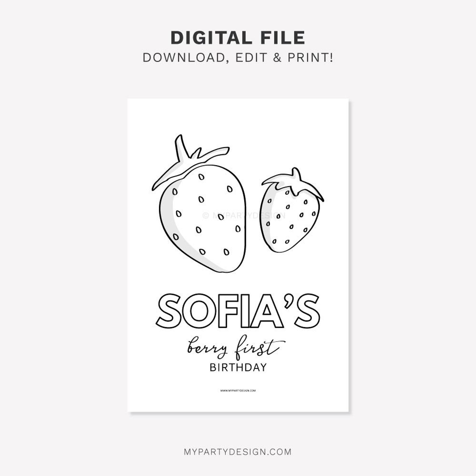 Strawberry Party Coloring Page Berry First Birthday Activity - Etsy